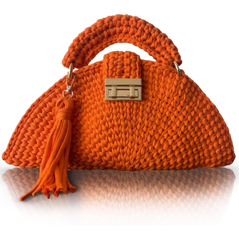Women's Orange Handmade Crochet Evening Small Formal Flap Crossbody Clutch Bag